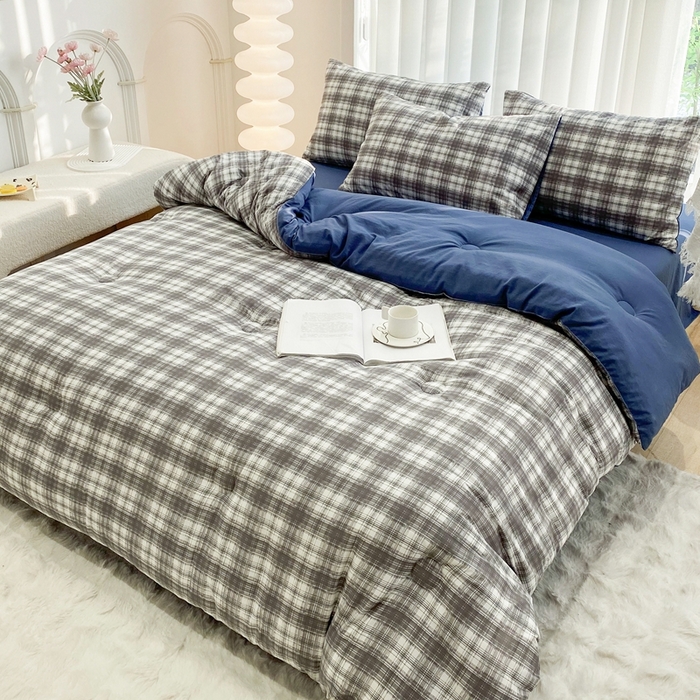 91家纺网 家纺一手货源 找家纺 啊雅家居 2025新款水洗棉条纹印花夏被冬被四件套-床单款 冬被 日系条格灰