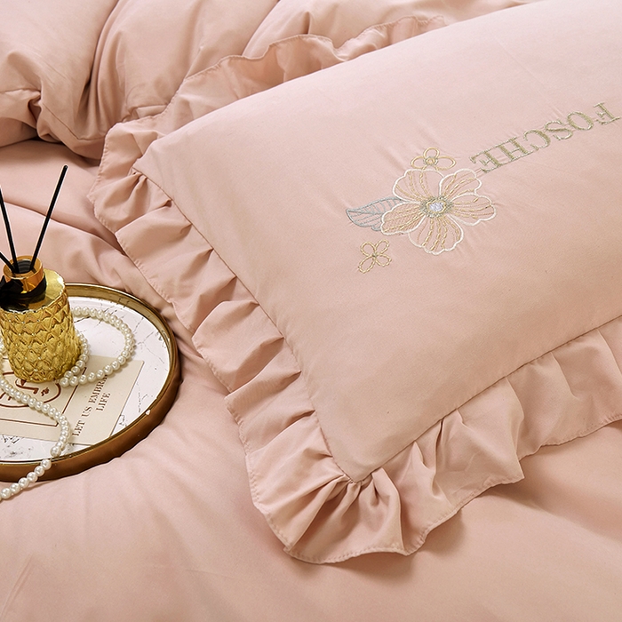 91家纺网 家纺一手货源 找家纺 苏木年华 2024新款春光里系列韩版荷叶边刺绣加大床单四件套 粉玉色