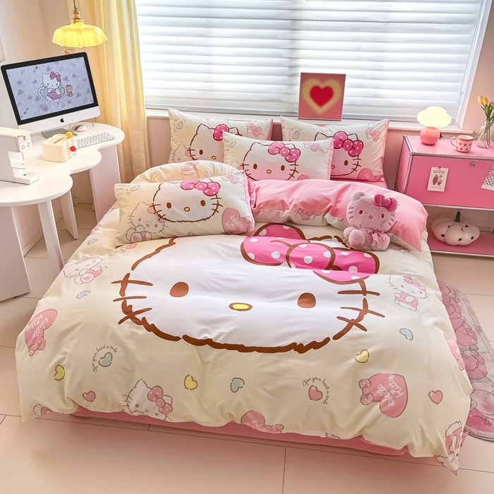 91家纺网 家纺一手货源 找家纺 金爱家 2024新款大阪全棉数码印花三丽鸥系列四件套 爱心kt