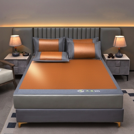 青雅席业 2025新款艾草pe材质印尼藤复合三明治凉席三件套 棕