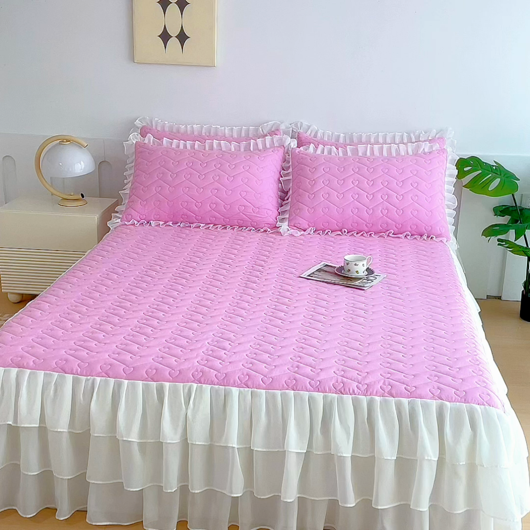 91家纺网 家纺一手货源 找家纺 屹成 2024新款水洗棉雪纺丽莎款单床裙 粉红