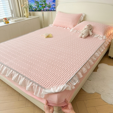 91家纺网 家纺一手货源 找家纺 康纳利 2024新款纯色加厚床笠款花边乳胶凉席乳胶席子 优雅粉-花边款