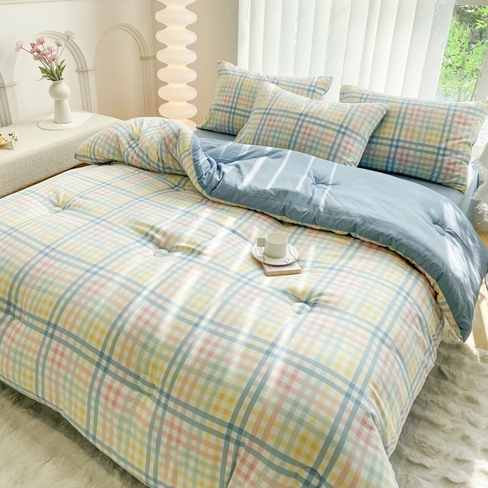 91家纺网 家纺一手货源 找家纺 啊雅家居 2025新款水洗棉条纹印花夏被冬被四件套-床单款 冬被 日系小格绿