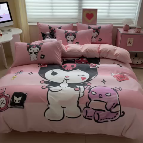 91家纺网 家纺一手货源 找家纺 金爱家 2024新款大阪全棉数码印花三丽鸥系列四件套 美妆库洛米