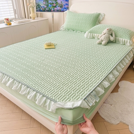 91家纺网 家纺一手货源 找家纺 康纳利 2024新款纯色加厚床笠款花边乳胶凉席乳胶席子 清新绿-花边款
