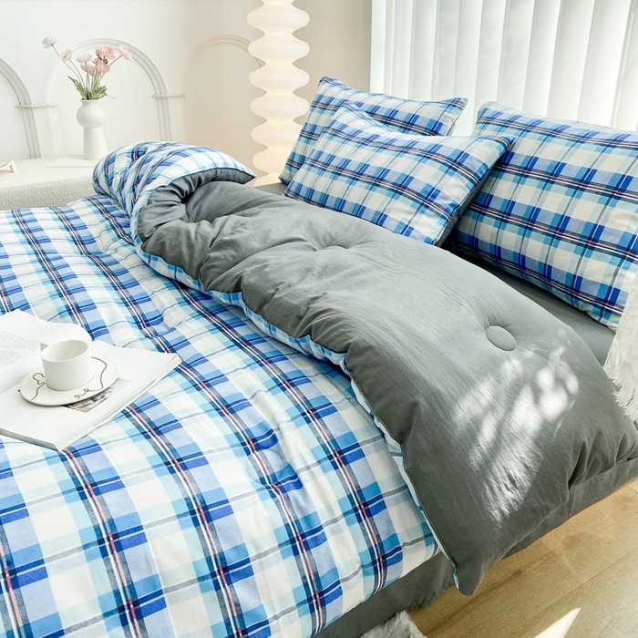 91家纺网 家纺一手货源 找家纺 啊雅家居 2025新款水洗棉条纹印花夏被冬被四件套-床单款 冬被 日系条格蓝