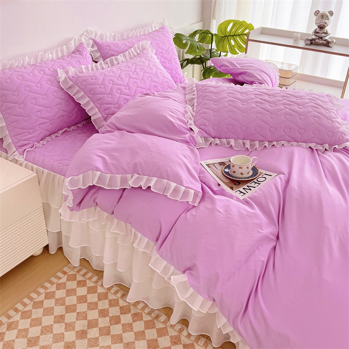 91家纺网 家纺一手货源 找家纺 屹成 2024新款水洗棉雪纺丽莎款单床裙 粉红