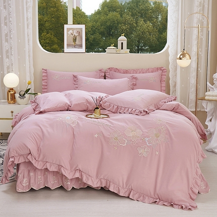 苏木年华 2024新款春光里系列韩版荷叶边刺绣加大床单四件套 豆沙红