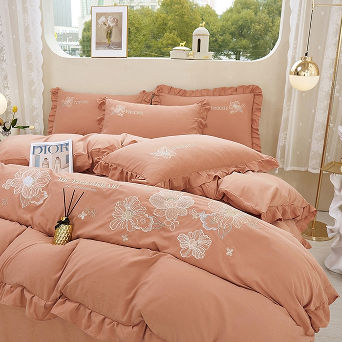 91家纺网 家纺一手货源 找家纺 苏木年华 2024新款春光里系列韩版荷叶边刺绣加大床单四件套 活力橘