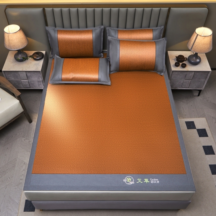 91家纺网 家纺一手货源 找家纺 青雅席业 2025新款艾草pe材质印尼藤复合三明治凉席三件套 棕