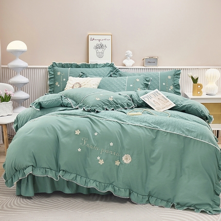 苏木年华 2024新款夏沫花语系列韩版荷叶边刺绣花边加大床单四件套 翡翠绿