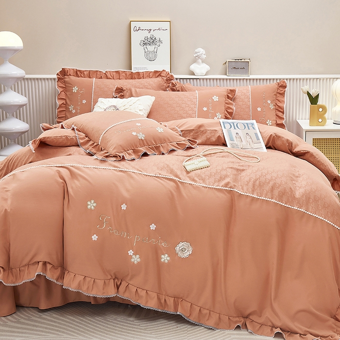 91家纺网 家纺一手货源 找家纺 苏木年华 2024新款夏沫花语系列韩版荷叶边刺绣花边加大床单四件套 活力橘