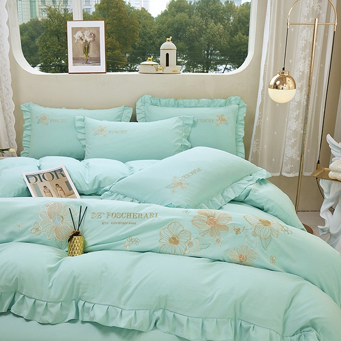 91家纺网 家纺一手货源 找家纺 苏木年华 2024新款春光里系列韩版荷叶边刺绣加大床单四件套 青春绿