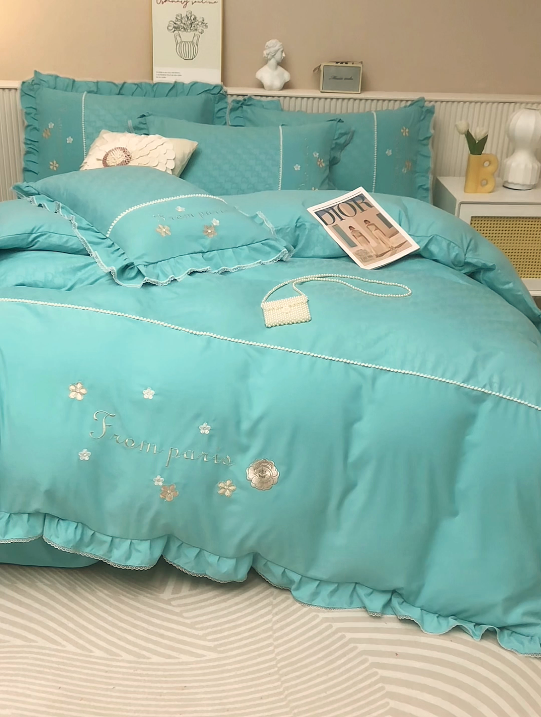91家纺网 家纺一手货源 找家纺 苏木年华 2024新款夏沫花语系列韩版荷叶边刺绣花边加大床单四件套 春湖绿
