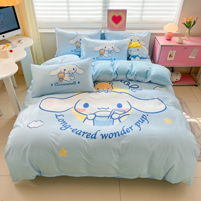 91家纺网 家纺一手货源 找家纺 金爱家 2024新款大阪全棉数码印花三丽鸥系列四件套 汽水玉桂狗