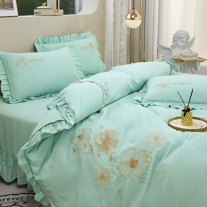 91家纺网 家纺一手货源 找家纺 苏木年华 2024新款春光里系列韩版荷叶边刺绣加大床单四件套 青春绿