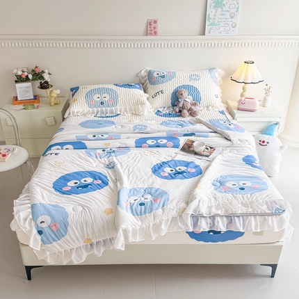 91家纺网 家纺一手货源 找家纺 康纳利 2024新款乳胶床笠印花款花边乳胶凉席三件套夏被四件套乳胶席子 淘气煤球-花边款