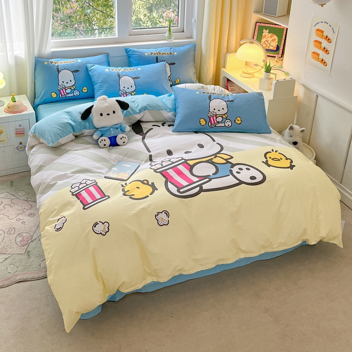 91家纺网 家纺一手货源 找家纺 金爱家 2024新款大阪全棉数码印花三丽鸥系列四件套 爆米花帕哈狗