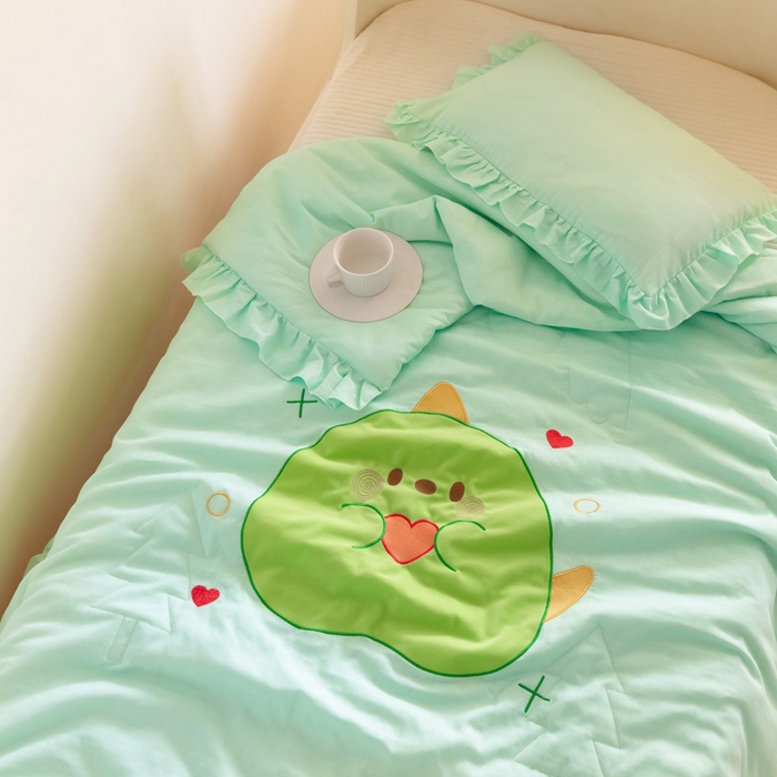 91家纺网 家纺一手货源 找家纺 喜多兔儿童家纺 2024新款小轻柔纱布纯棉双层纱空调被 绿色Q恐龙