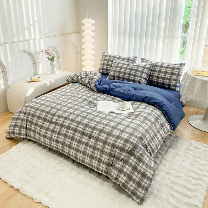 91家纺网 家纺一手货源 找家纺 啊雅家居 2025新款水洗棉条纹印花夏被冬被四件套-床单款 冬被 日系条格灰