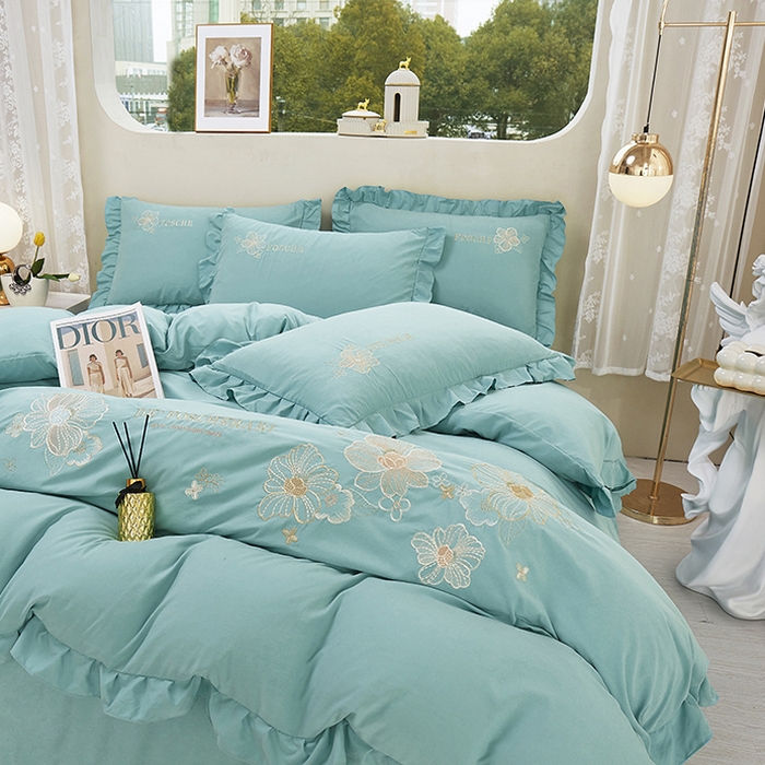 91家纺网 家纺一手货源 找家纺 苏木年华 2024新款春光里系列韩版荷叶边刺绣加大床单四件套 春湖绿