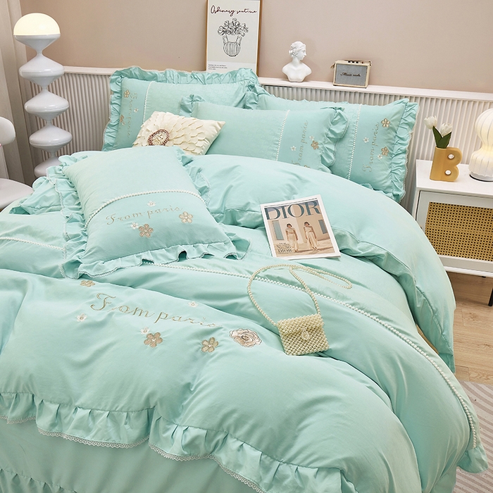 91家纺网 家纺一手货源 找家纺 苏木年华 2024新款夏沫花语系列韩版荷叶边刺绣花边加大床单四件套 青春绿