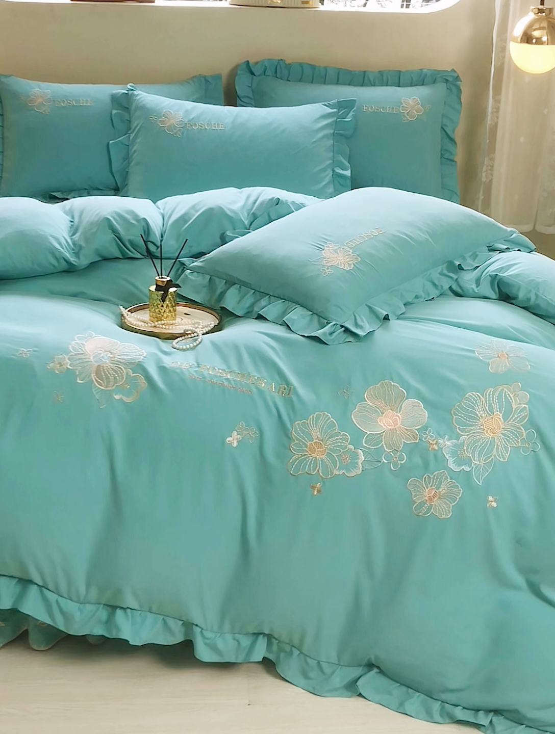 91家纺网 家纺一手货源 找家纺 苏木年华 2024新款春光里系列韩版荷叶边刺绣加大床单四件套 春湖绿