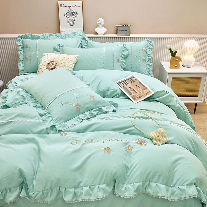 91家纺网 家纺一手货源 找家纺 苏木年华 2024新款夏沫花语系列韩版荷叶边刺绣花边加大床单四件套 青春绿