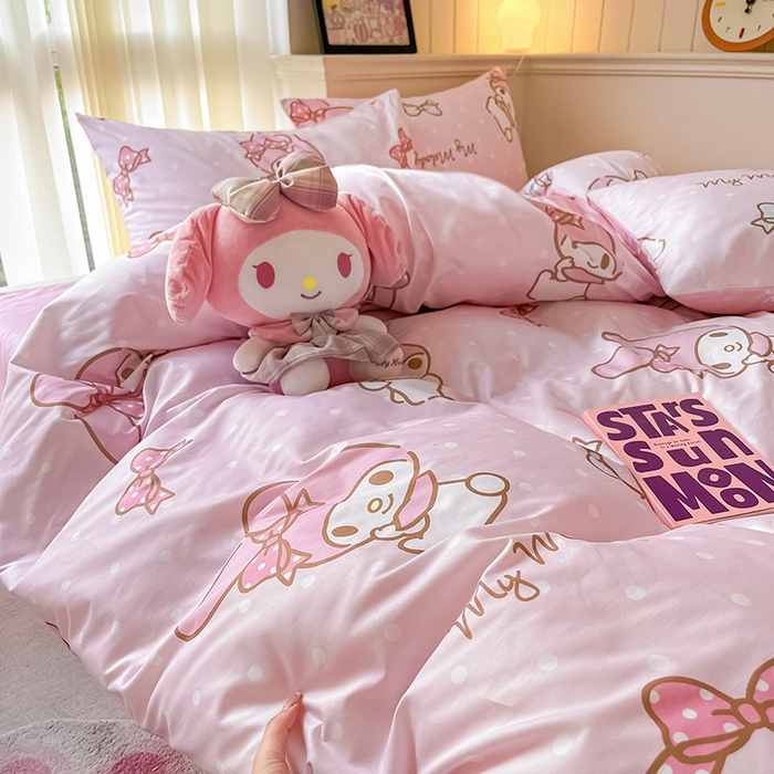 91家纺网 家纺一手货源 找家纺 顾里2024新款40支活性印花13372喷气全棉三丽鸥系列四件套 波点美乐蒂