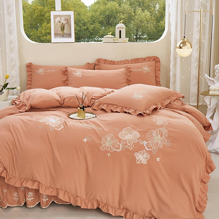 91家纺网 家纺一手货源 找家纺 苏木年华 2024新款春光里系列韩版荷叶边刺绣加大床单四件套 活力橘