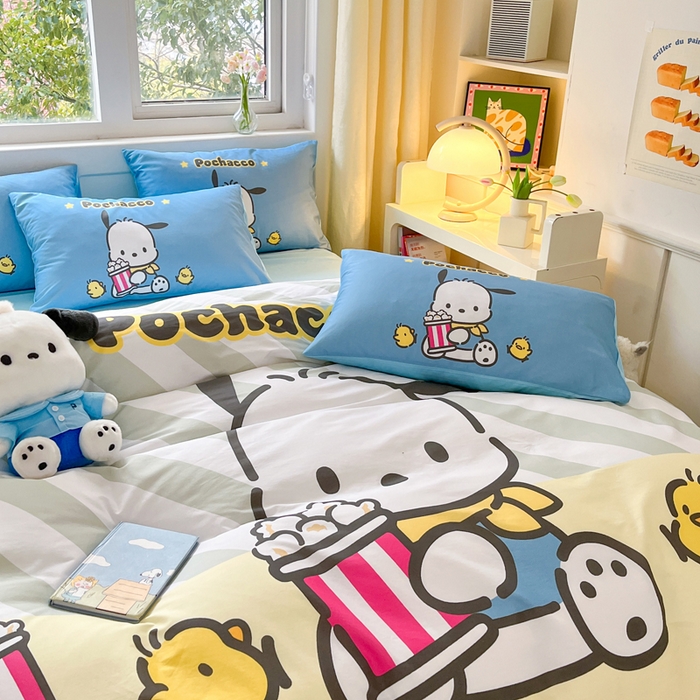 91家纺网 家纺一手货源 找家纺 金爱家 2024新款大阪全棉数码印花三丽鸥系列四件套 爆米花帕哈狗