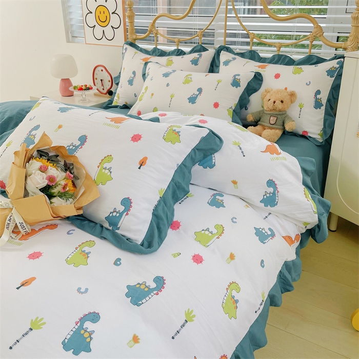 91家纺网 家纺一手货源 找家纺 漫仙阁 2024新款5A双层纱抗菌除螨四件套 韩版-看恐龙