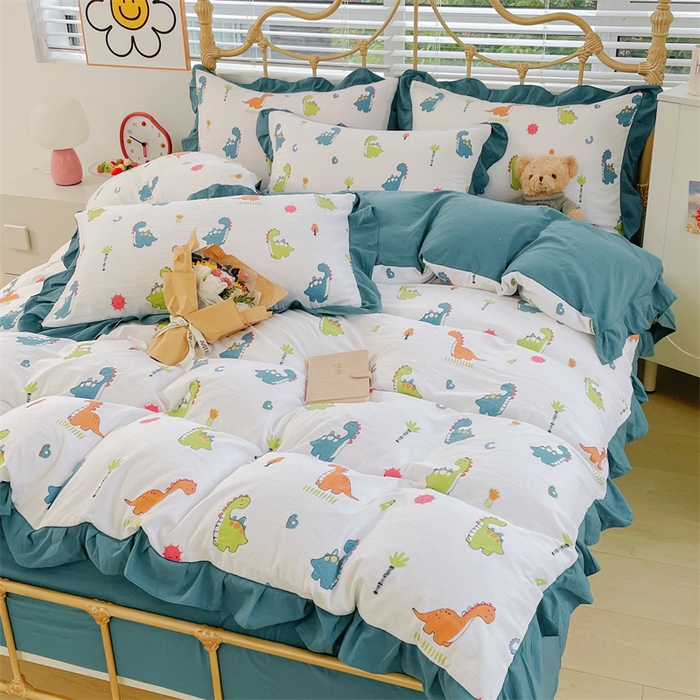 91家纺网 家纺一手货源 找家纺 漫仙阁 2024新款5A双层纱抗菌除螨四件套 韩版-看恐龙