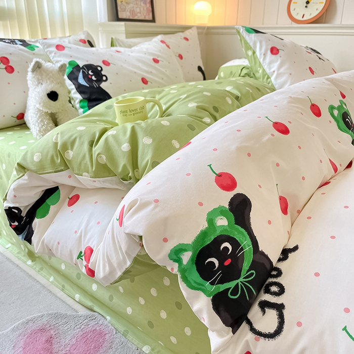 91家纺网 家纺一手货源 找家纺 顾里2024新款40支13372全棉四件套-韩风系列 樱桃黑猫