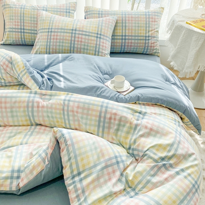 91家纺网 家纺一手货源 找家纺 啊雅家居 2025新款水洗棉条纹印花夏被冬被四件套-床单款 冬被 日系小格绿