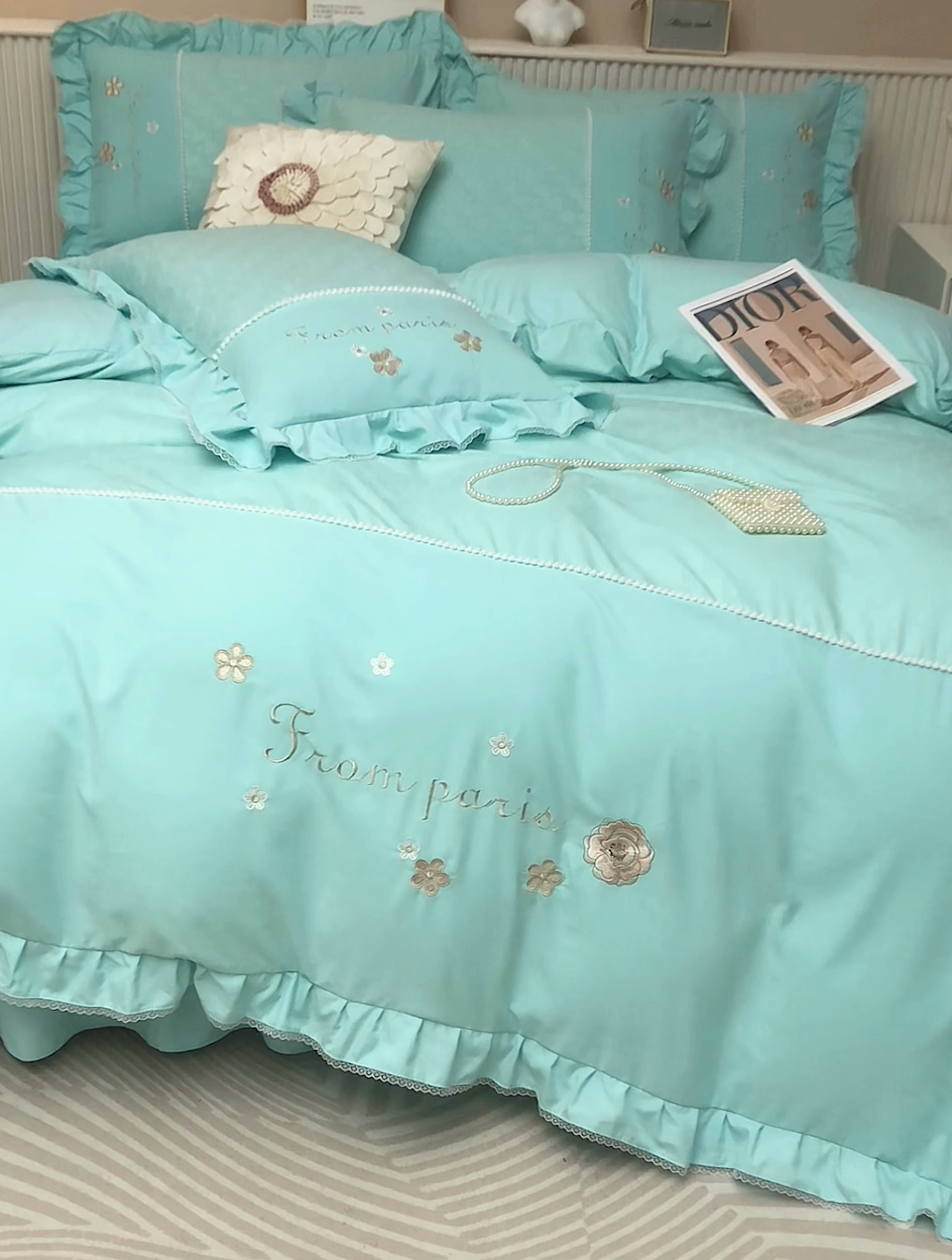 91家纺网 家纺一手货源 找家纺 苏木年华 2024新款夏沫花语系列韩版荷叶边刺绣花边加大床单四件套 青春绿