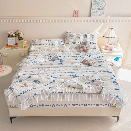 91家纺网 家纺一手货源 找家纺 康纳利 2024新款乳胶床笠印花款花边乳胶凉席三件套夏被四件套乳胶席子 幸福花园-花边款