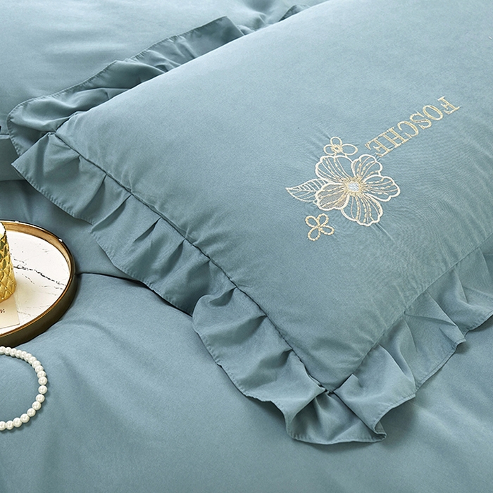 91家纺网 家纺一手货源 找家纺 苏木年华 2024新款春光里系列韩版荷叶边刺绣加大床单四件套 贵族蓝