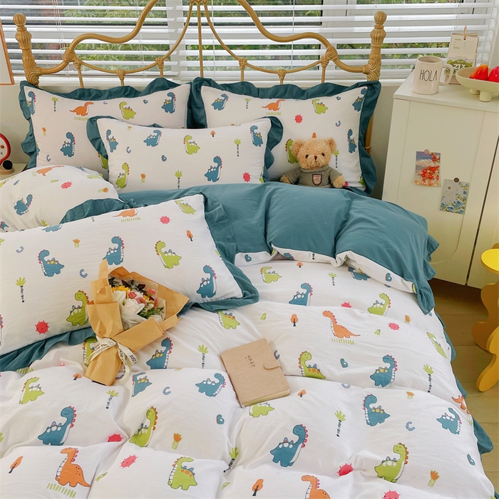 91家纺网 家纺一手货源 找家纺 漫仙阁 2024新款5A双层纱抗菌除螨四件套 韩版-看恐龙