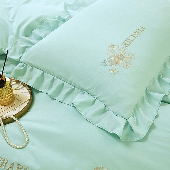 91家纺网 家纺一手货源 找家纺 苏木年华 2024新款春光里系列韩版荷叶边刺绣加大床单四件套 青春绿