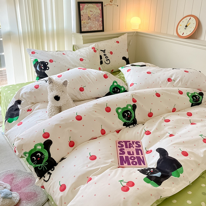 91家纺网 家纺一手货源 找家纺 顾里2024新款40支13372全棉四件套-韩风系列 樱桃黑猫