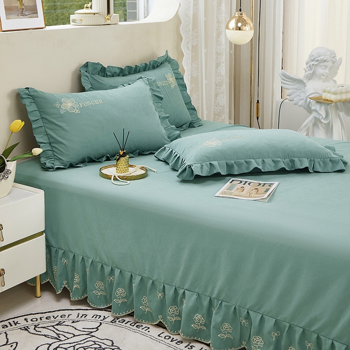 91家纺网 家纺一手货源 找家纺 苏木年华 2024新款春光里系列韩版荷叶边刺绣加大床单四件套 翡翠绿