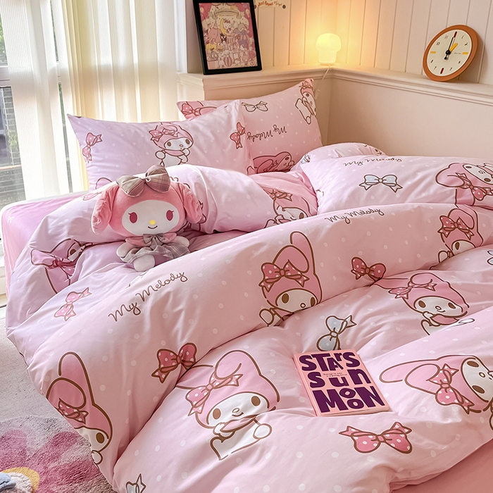 91家纺网 家纺一手货源 找家纺 顾里2024新款40支活性印花13372喷气全棉三丽鸥系列四件套 波点美乐蒂