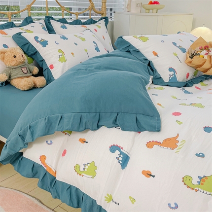 91家纺网 家纺一手货源 找家纺 漫仙阁 2024新款5A双层纱抗菌除螨四件套 韩版-看恐龙