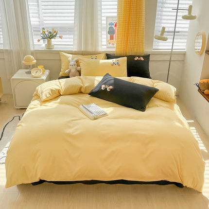 91家纺网 家纺一手货源 找家纺 韩都家居 2024新款水洗棉萌眼系列四件套 奶黄+黑