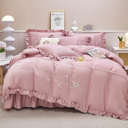 苏木年华 2024新款夏沫花语系列韩版荷叶边刺绣花边加大床单四件套 豆沙红