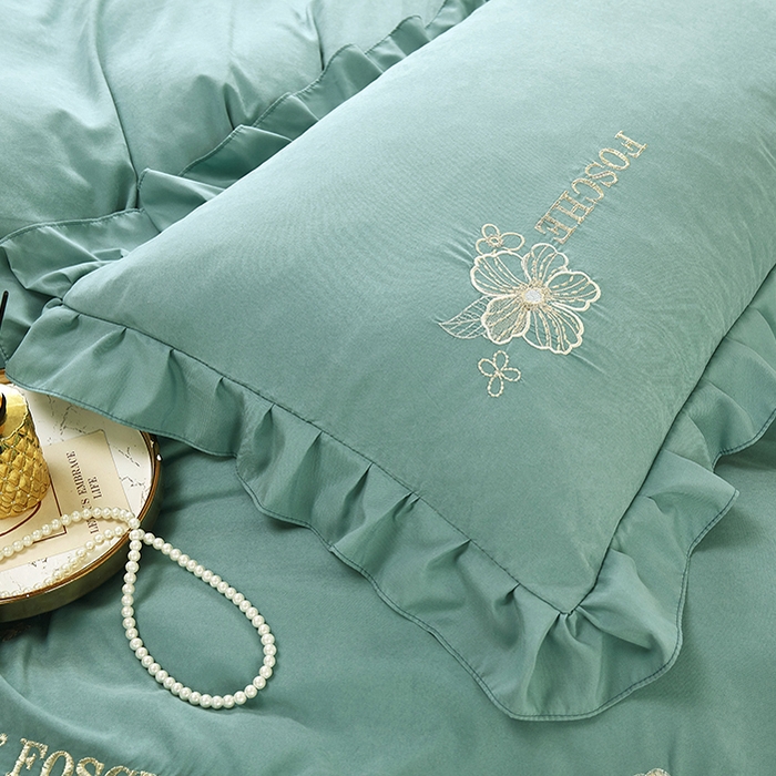 91家纺网 家纺一手货源 找家纺 苏木年华 2024新款春光里系列韩版荷叶边刺绣加大床单四件套 翡翠绿