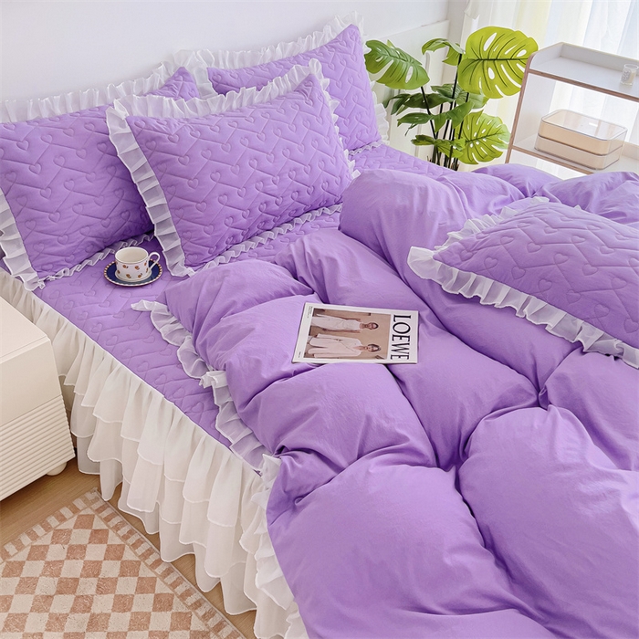 91家纺网 家纺一手货源 找家纺 屹成 2024新款水洗棉雪纺丽莎款床裙款四件套 浅紫