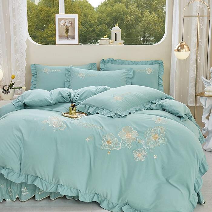 91家纺网 家纺一手货源 找家纺 苏木年华 2024新款春光里系列韩版荷叶边刺绣加大床单四件套 春湖绿