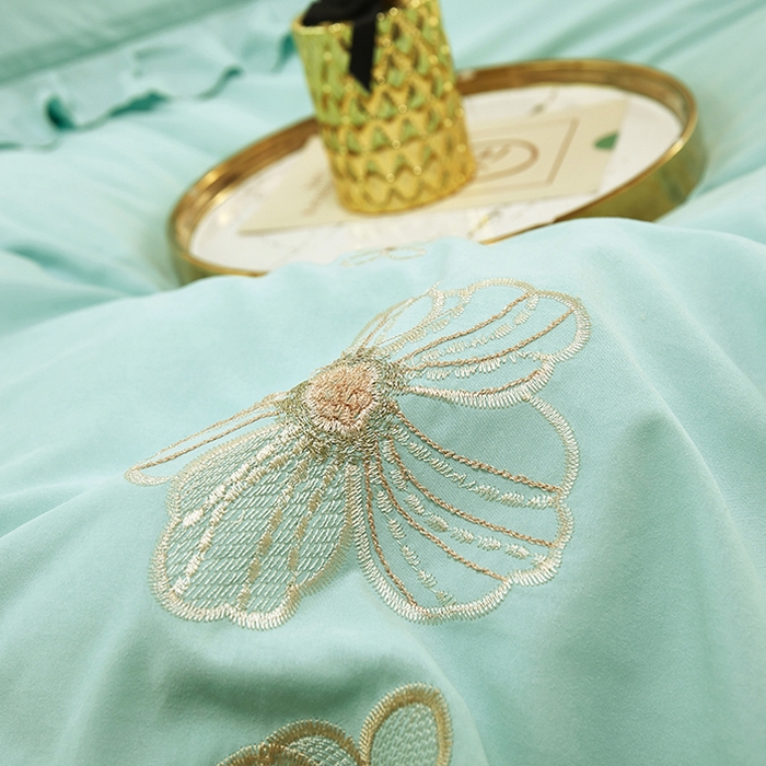 91家纺网 家纺一手货源 找家纺 苏木年华 2024新款春光里系列韩版荷叶边刺绣加大床单四件套 青春绿